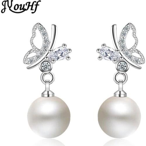 JYouHF New Fashion Women Earrings Exquisite AAA Zircon Butterfly Earrings White Gold Plated Pearl Earrings Party Wedding Jewelry