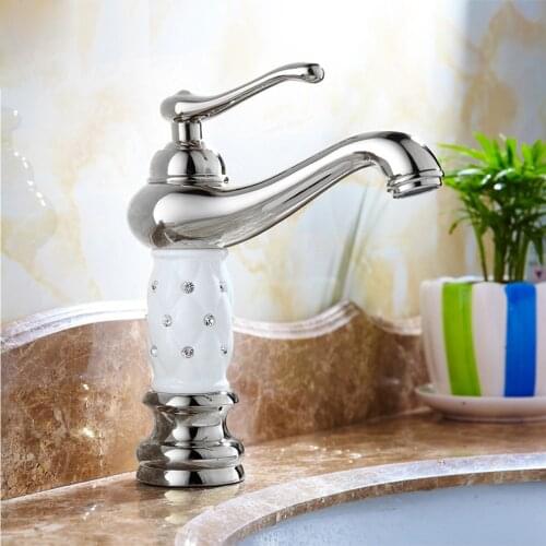 Classical European Single Handle Basin Faucet Chrome Polished Bathroom Hot and Cold Water Sink Mix Tap Ceramic Handle Decoration
