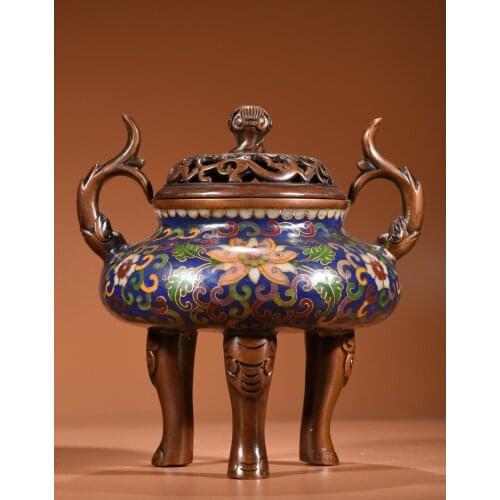 10"Chinese temple collection Old Bronze Cloisonne Enamel Elephant Trunk Statue Lotus incense burner Town House Exorcism