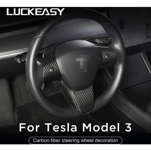 LUCKEASY Car Accessories Interior Modification For Tesla model 3 Real Carbon Fiber Steering Wheel Chain style Protective Patch