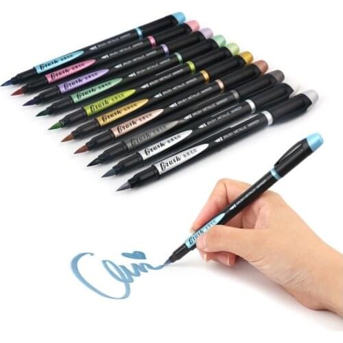 10pcs Color Brush Metallic Marker Pen Set 1-7mm Soft Point Drawing Painting Highlighting Calligraphy Lettering School Art A6929