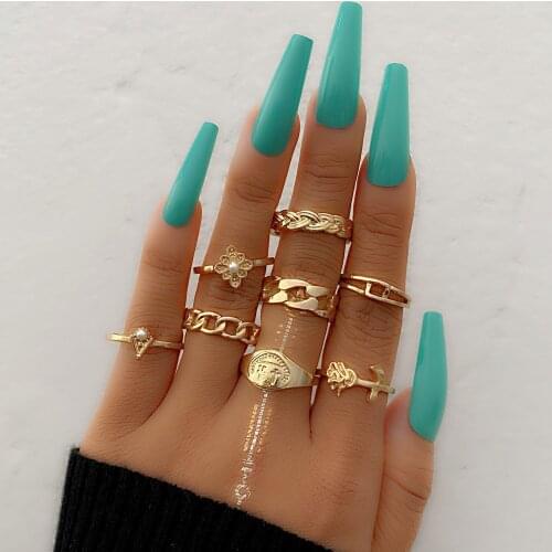 DIEZI Bohemian Gold Color Pearl Carved Coin Knuckle Joint Rings Set For Women Boho Vintage Flower Snake Finger Rings Jewelry