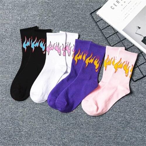 Korean Ladies Men Fashion Fun Hip Hop Skateboard Socks Street Style Cartoon Fire Flame Socks Unisex Happy Middle Tube Socks