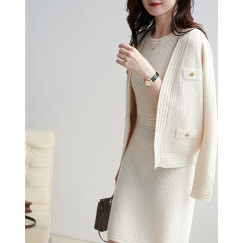 2020 Autumn New Women Casual Two-Pieces Set Classic Solid Wool knitted Dress Cardigan Tops Elegant Fashion Female Office Lady