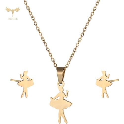 New Golden Ballet Dancer Necklace Earrings For Womens Accessories Necklace Ear Stud Fashion Stainless Steel Jewelry Set