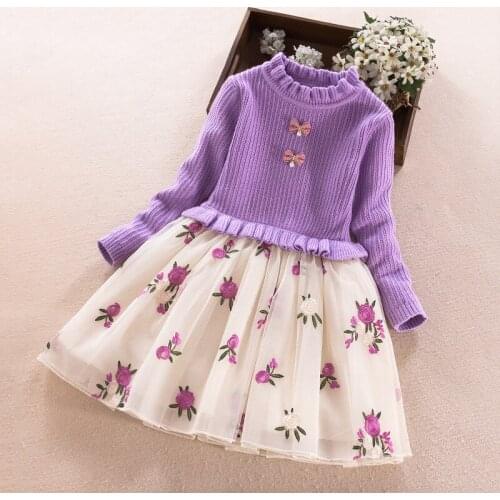 Autumn Girl Dress Long Sleeve Knit Sweater Dress Embroidery Flower Party Princess Dress 4-11Y RT582
