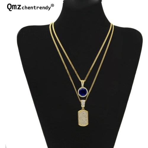 Men Hip Hop Bling Iced Out Rhinestone Pendant Double Necklace Dog Tag Circle Mini Stone Cuban Chain Necklace Male Female set