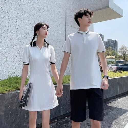 Korean Couple Matching Clothes College School Lovers Pair Polo Dress White T-Shirts Women Men Summer Vacation Outfit Wear Set