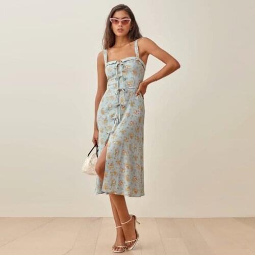 Wowmen Floral Print Spaghetti Strap Dress Sexy Backless Bangdage Split Slim French Dress For Club Vintage Midi Dress Summer 2021