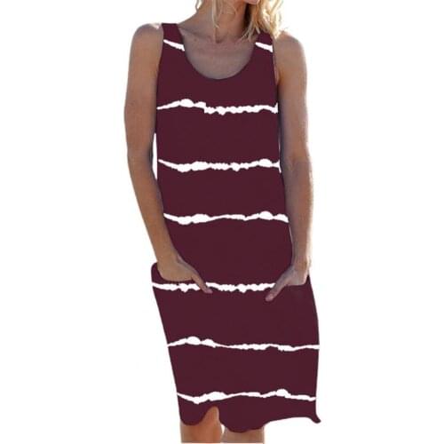 Dresses for women 2021 O Neck Stripe Print Pockets Sleeveless Midi Dress Streetwear for Dating Summer Womens Clothing платье