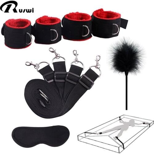Sex Handcuffs With Blindfold and Flirting Feather Stick BDSM Bondage Set Under Bed Erotic Sex Toys for Women Couple Adult