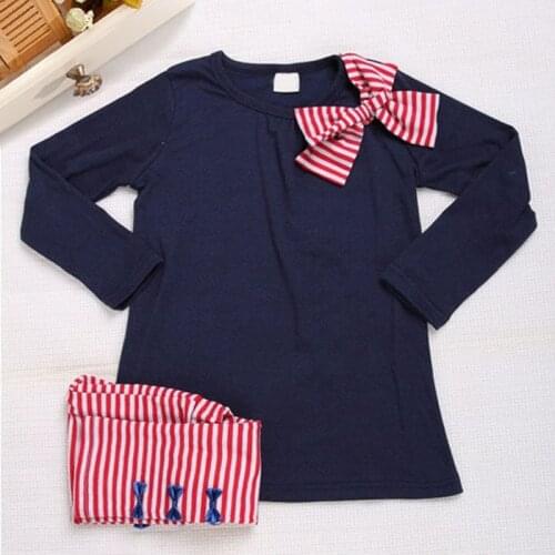 Spring And Autumn Girls' ChildrenS Clothing Korean Casual New Cotton Bow Long-Sleeved +Striped Pants 2pcs Kids Suits 2-7Y