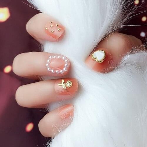 Jelly Pink Gold Heart Small Flower Decorative Fake Nails press on Patch Temperament Detachable Square Head Finished Nail tips