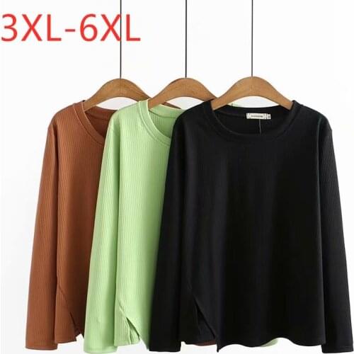 New 2021 Ladies Autumn Winter Plus Size Basic Tops For Women Large Long Sleeve Slim Elastic Cotton Green T-shirt 3XL 4XL 5XL 6XL