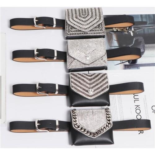 2019 Women Mini Square Flap Fanny Packs Bling Rhinestone Coin Bag Luxury PU Leather Detachable Plus Size Waist Belts With Bag