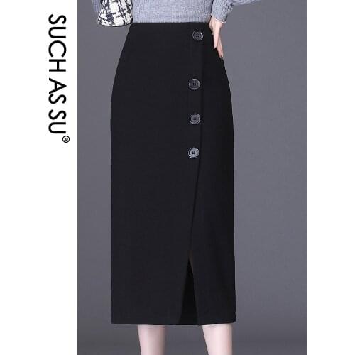 Women Pencil Skirt Autumn Winter Wool Button Wrap Hip Skirt Mid-Calf Skirt High Waist Sexy Side Split Hip Plus Size Women Skirt