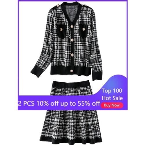 Two-Pieces Set For Women 2021 Autumn Winter New Fashion Lady Office Elegant Style Knitted Suit Tops Cardigan + Skirts