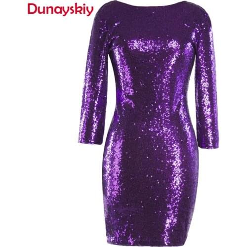 Dunayskiy Women Spring Sexy Slim 8 Colors Sequined O-Neck Dresses Female Backless Three Quarter Sleeve Shiny Mini Party Dresses