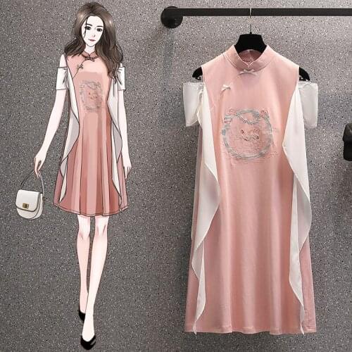 Female Ruffled Patchwork Stand Collar Improved Cheongsam Women Plus Size Loose Straight Vintage Embroidery Knee Length Dress