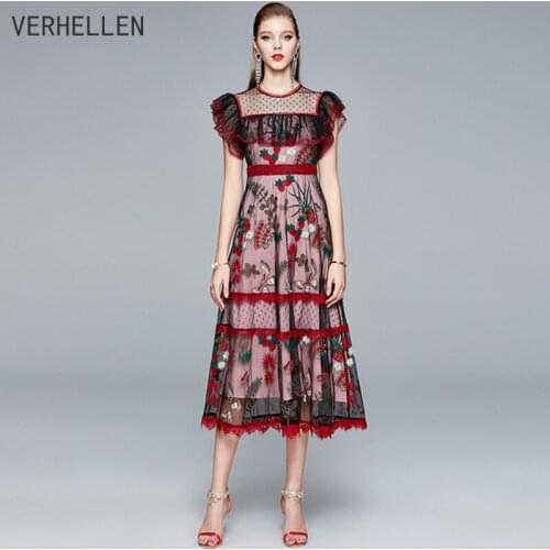 VERHELLEN Summer 2020 new Hong Kong style dress female heavy industry mesh embroidery lace ruffled waist was thin dress women