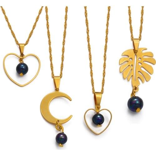 Anniyo Hawaiian Pearl Heart Plantain Leaves Moon Necklaces Women Girls Micronesia Chuuk Marshallese Guam Party Gifts #226906