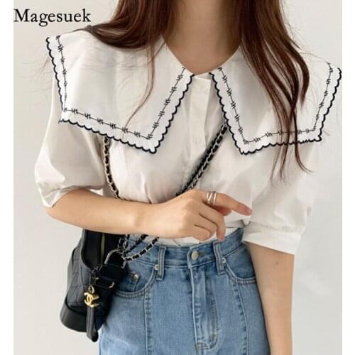 White Chic Embroidered Woman Blouses Summer 2021 New Turn-down Collar Short Sleeve Shirt Women Elegant Vintage Ladies Tops 15283