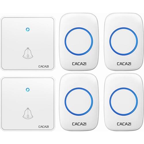CACAZI Wireless Doorbell Waterproof 300M Remote Night Light 2032 Battery 2 Transmitter 4 Receivers US EU UK Plug 0-110db Chimes