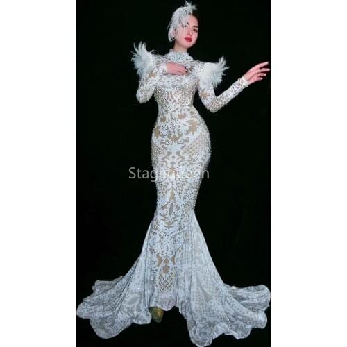 Shining Silver Rhinestone Long Train Dress Women Evening Costume Prom Celebrate Big Tail Dresses Women Party Wear Dress DS DJ