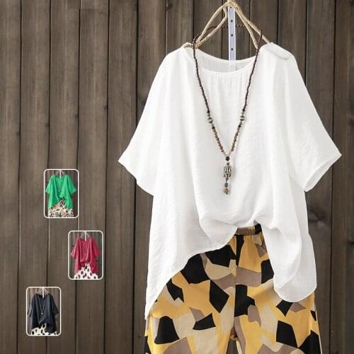 Boho Plus Size Floral print Cotton Linen Top Women Tops and Blouses Short Sleeve Female Korean casual Summer Thin Shirts Blusas