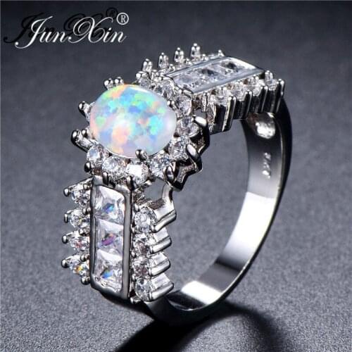 Bohemian Oval Blue White Fire Opal Rings For Women Silver Color Rainbow Birthstone Wedding Bands Vintage Engagement Jewelry