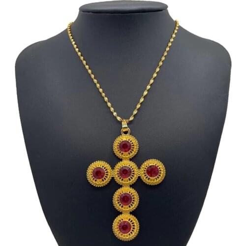 Ethiopian Wedding Party Cross Pendant Chain for Women Girls,Gold Color Eritrea Jewelry Red Stone African Crosses
