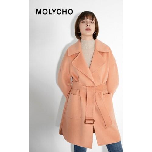 Mid-length wool double-faced woolen coat, small lace up woolen coat, womens winter