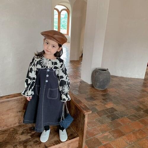 Little Girl Denim Dress Sleeveless Jumper Dresses Button Fashion Dresses for Girls Long Sleeve Flower Printed Blouse Clothing