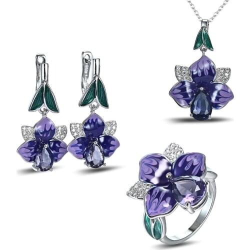 925 Silver Cloisonne Blue Deep Purple Flower Enamel Hanging Necklace Earrings Jewelry Set