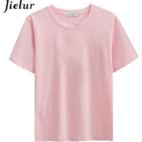 Jielur T-shirt Female Solid Color Harajuku Simple Cotton T Shirt Women Summer Short Sleeve Basic Tshirt O-neck Pink Purple Tops