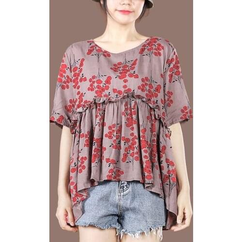 Oversized Women Cotton Linen Casual T-shirts New 2021 Summer Vintage Style V-neck Floral Print Loose Female Tops Tees S3985