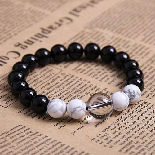 ICU original Bohemian style black agate + white turquoise + white crystal bracelet
