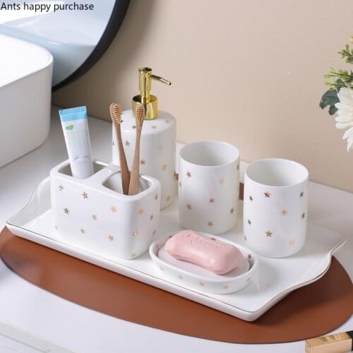 Ceramic Bathroom 5-piece Set with Tray Wash Set Lotion Bottle Mouth Cup Toothbrush Holder Soap Dish Home Bathroom Accessories