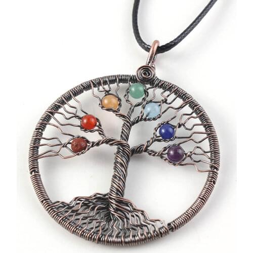KFT Natural Healing Crystal Quartz Reiki 7 Chakra Stones Beads Wire Wrap Tree of Life Chakra Stone Pendant Necklace Rope Chain