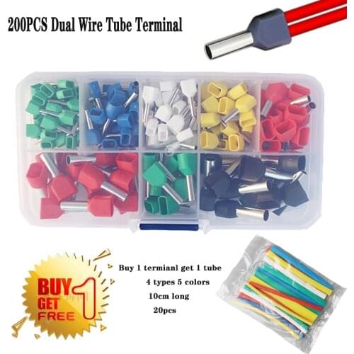 200pcs Dual Wire Tube Terminal Kit 2*0.5-6mm2 Ferrule Insulated Double Wiring Tubular Cable Connector Crimping Bootlace Suit Set