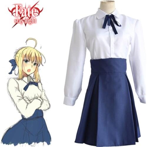 Saber Suit Cosplay Fate Stay Night Costume Top And Skirt Japanese Anime Halloween White And Blue Costume