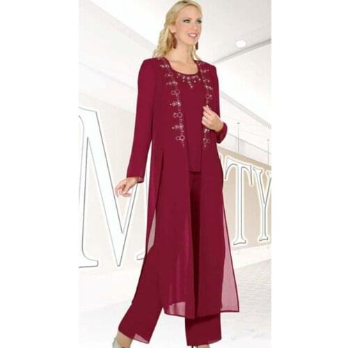 Paints dark red Chiffon Mother Of The Bride Trousers Formal Suits Prom Party Gown 3 Pieces long sleeves beading With Jacket