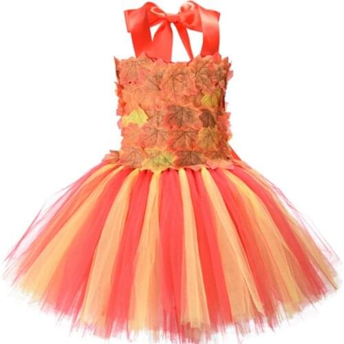 2020 New Simulation Maple Leaf Girl Dress Thanksgiving Orange Yellow Kids Dresses for Girls Flower Girl Birthday Tutu Dresses