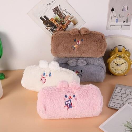 2021 New Arrival Kawaii Plush Rabbit Bear Animals Pencil Bag Cute Pen Pouch Case Stationery Organizer School Supplies Korean