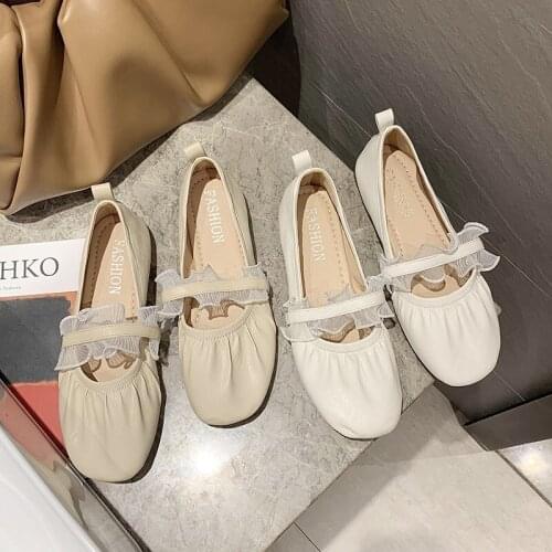 Spring and Autumn New Style Korean Fashion Shallow Mouth Flat Casual Lace Low Top Low Heel Peas Shoes Womens Single Shoes