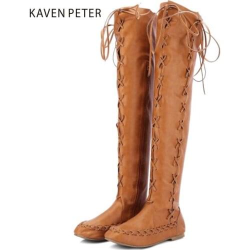 Girls roman shoes knee high boots flat shoes long cross tie knot Autumn/ Spring over knee boots Female black brown purple colors