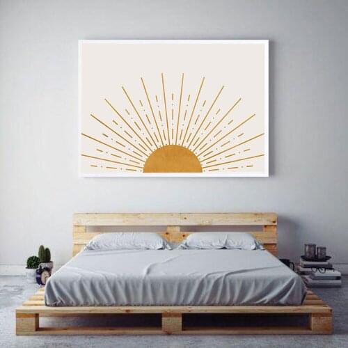 Mid Century Poster Boho Canvas Painting Horizon Yellow Sun Minimalist Wall Art Pictures For Living Room On The Wall Home Decor