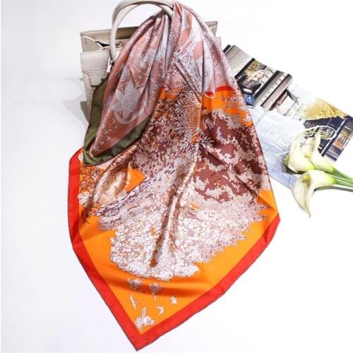 POBING 100% Real Twill Silk Scarf Women Jungle Print Square Scarves Wraps Hand Rolled Foulards Femme Bandana Silk Hijabs 90CM