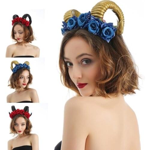 Sheep Horn Headwear Flower Bull Horn Hairband Non Slip Headpiece Photo Props Fancy Dress Halloween Gothic Accessories