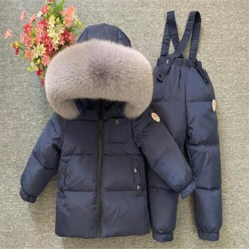 Russia Snowsuit Kids Clothes Set Fur Collar Design Childrens Warm Down Jacket And Pants 2 Pieces For Baby Boy Girls 0-12 Y Wear